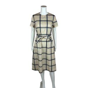 Vintage 70s Polyester Dress Women's Medium Striped Plaid Blue Cream Shift